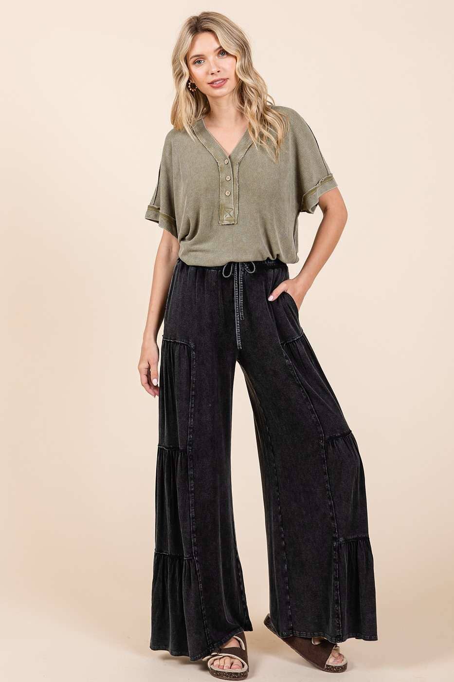 MINERAL WASH TIERED WIDE LEG PANTS