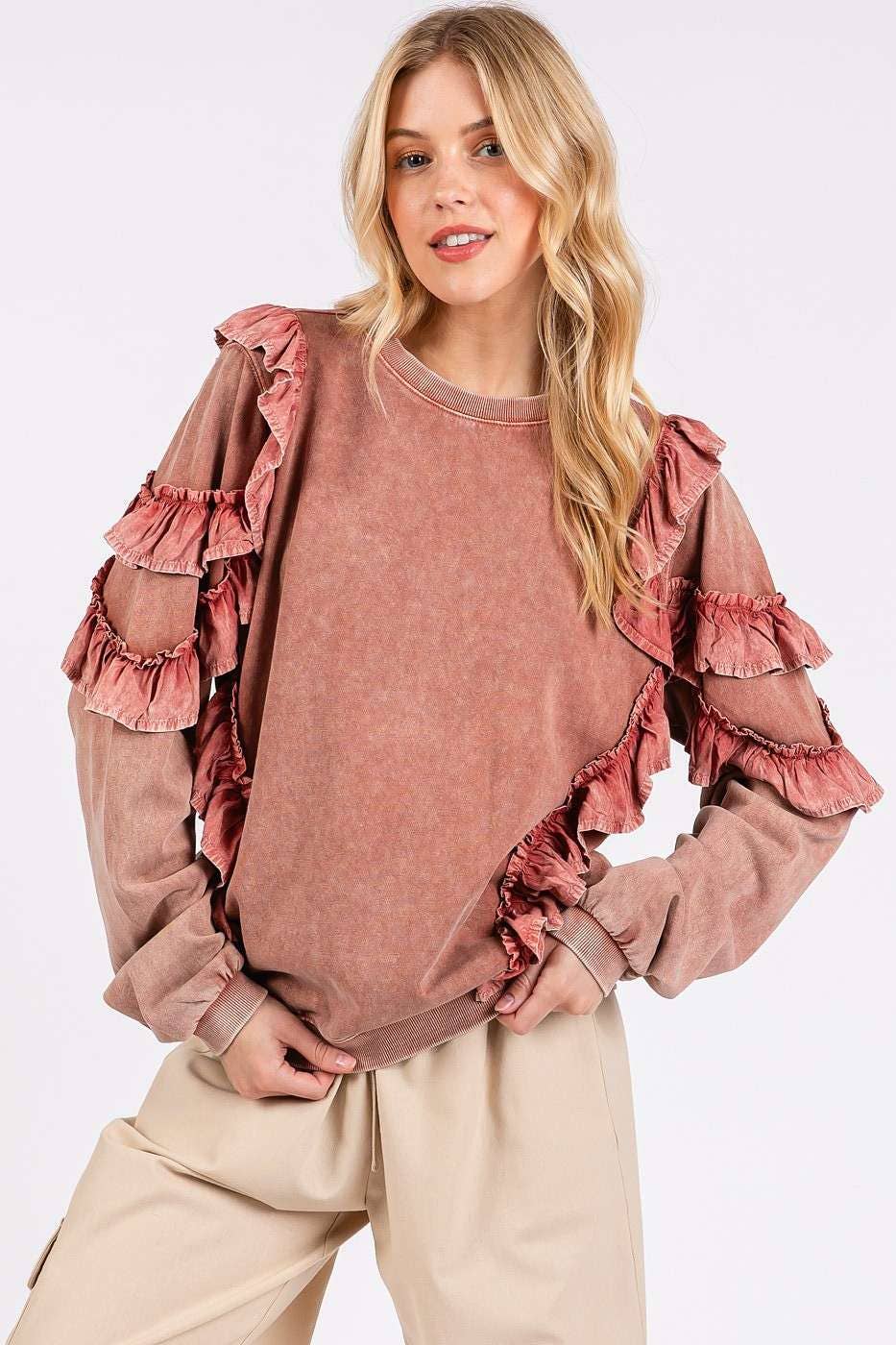 MINERAL WASHED RUFFLED LONG SLEEVE PULLOVER