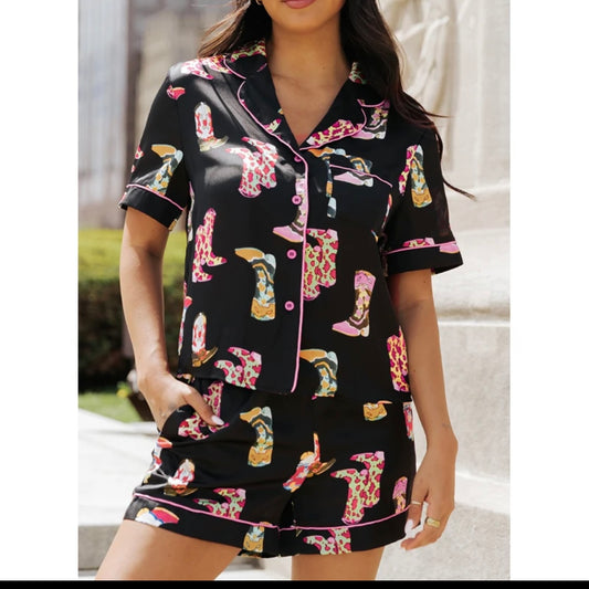 Short Sleeve Western Cowboy Print Satin Pajama's