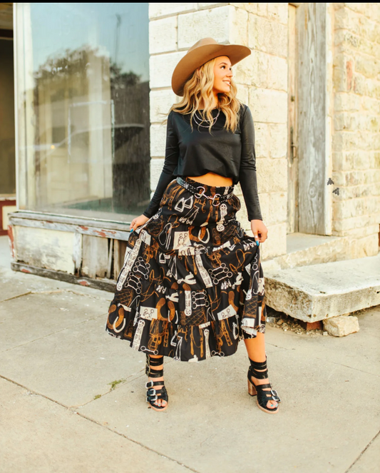 Western Print Maxi Skirt