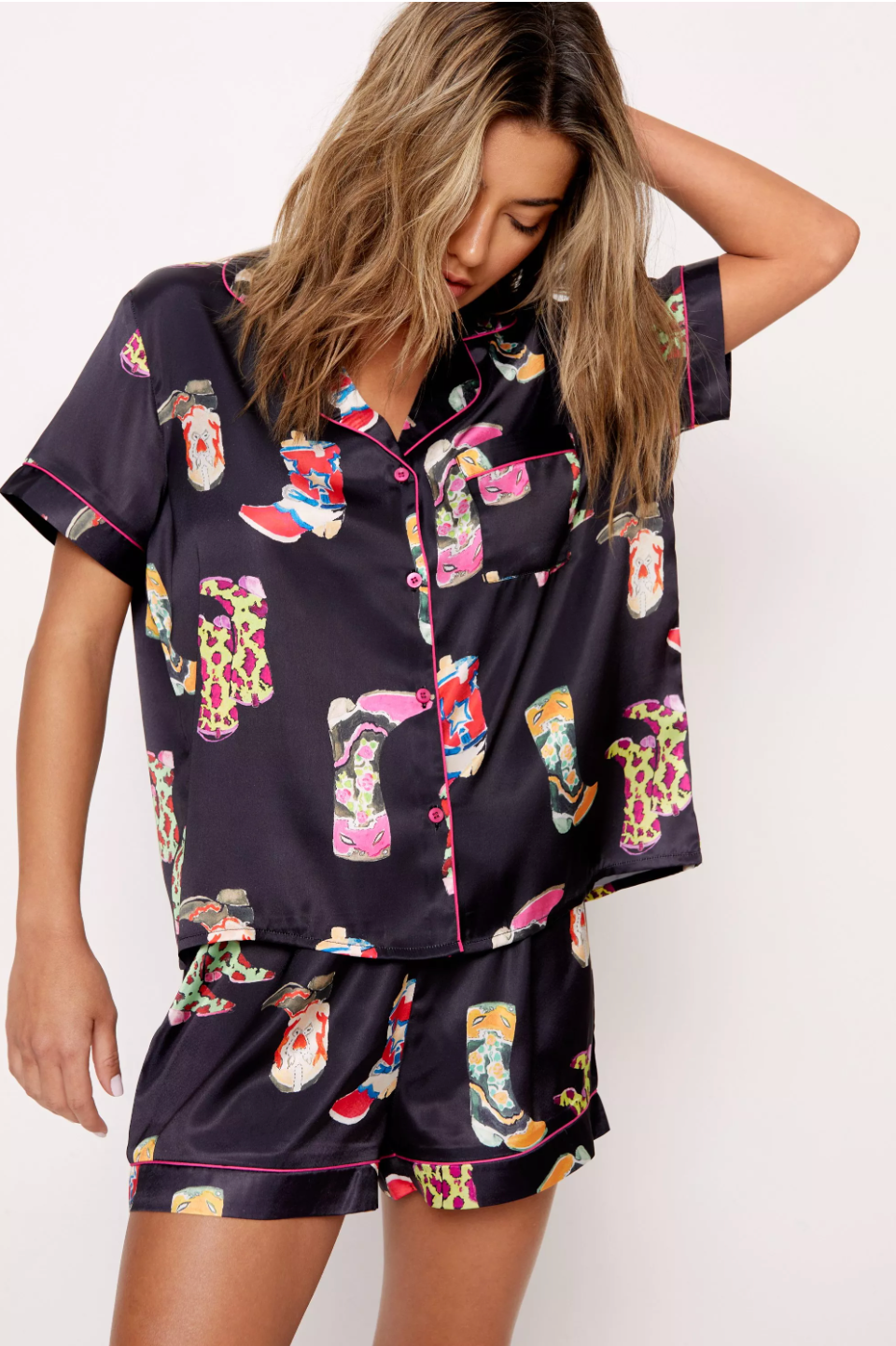 Short Sleeve Western Cowboy Print Satin Pajama's