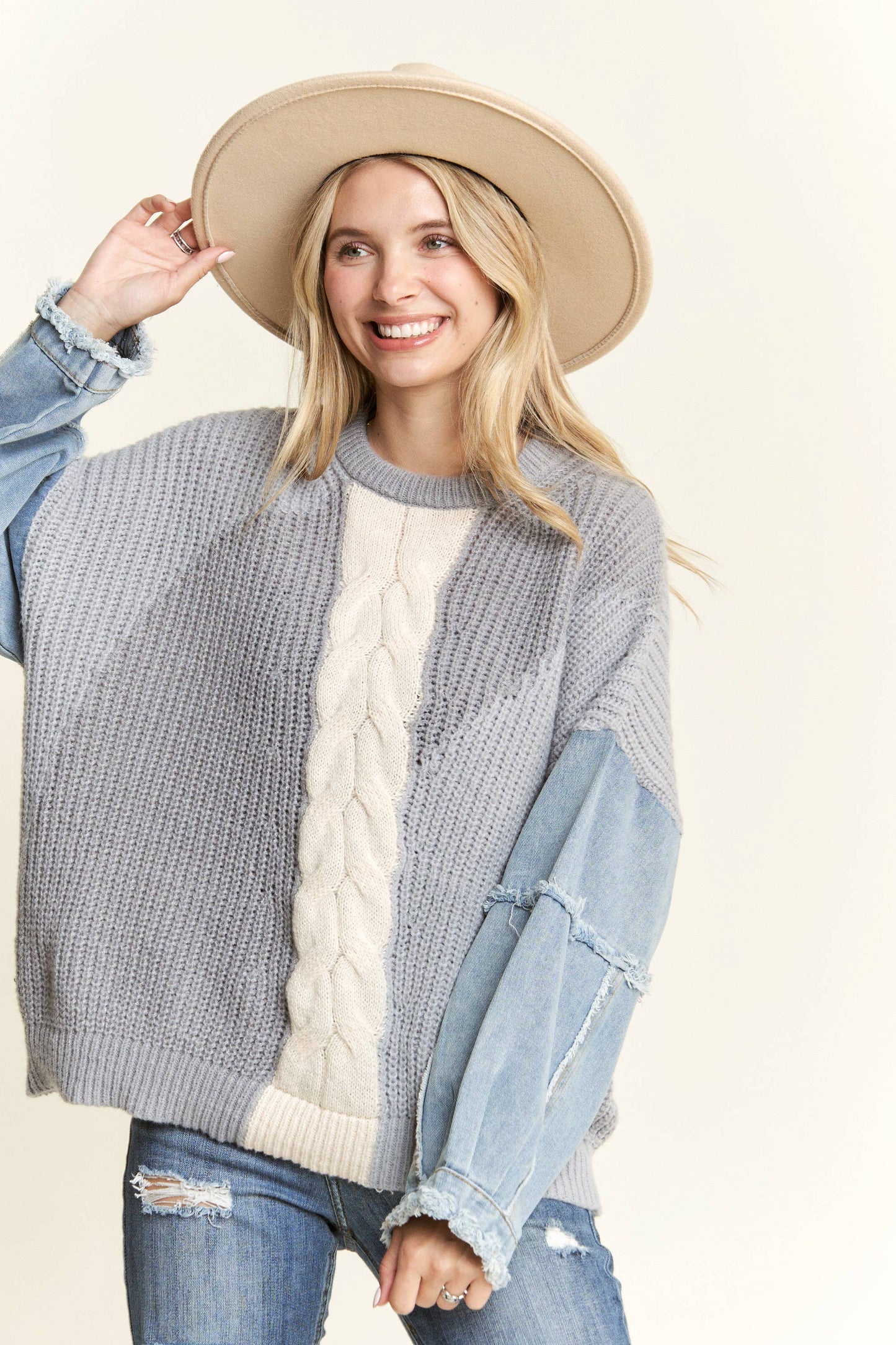 Frayed Denim Colourblock Sweater