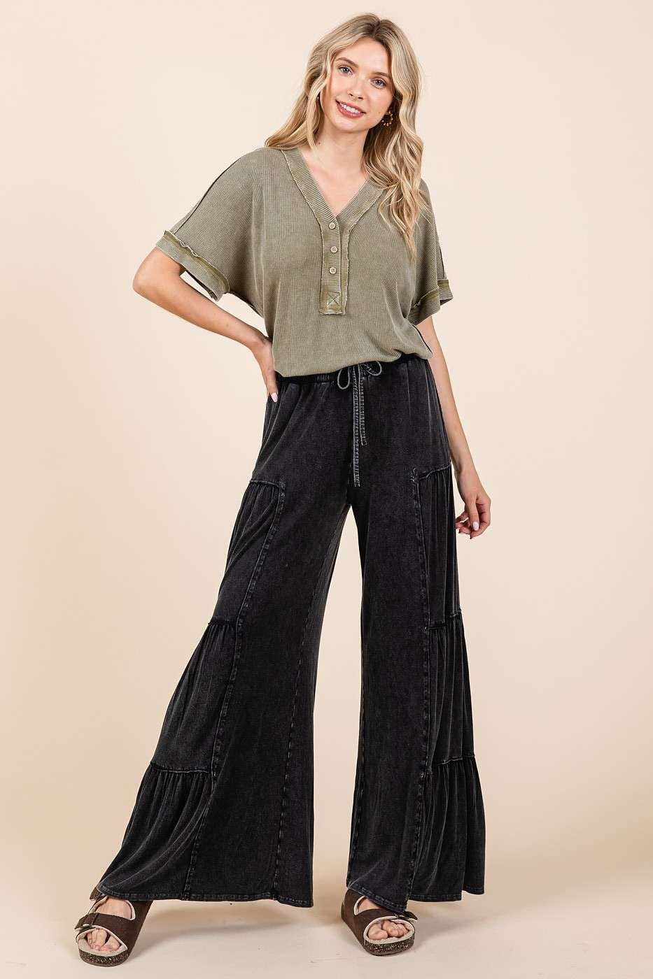 MINERAL WASH TIERED WIDE LEG PANTS