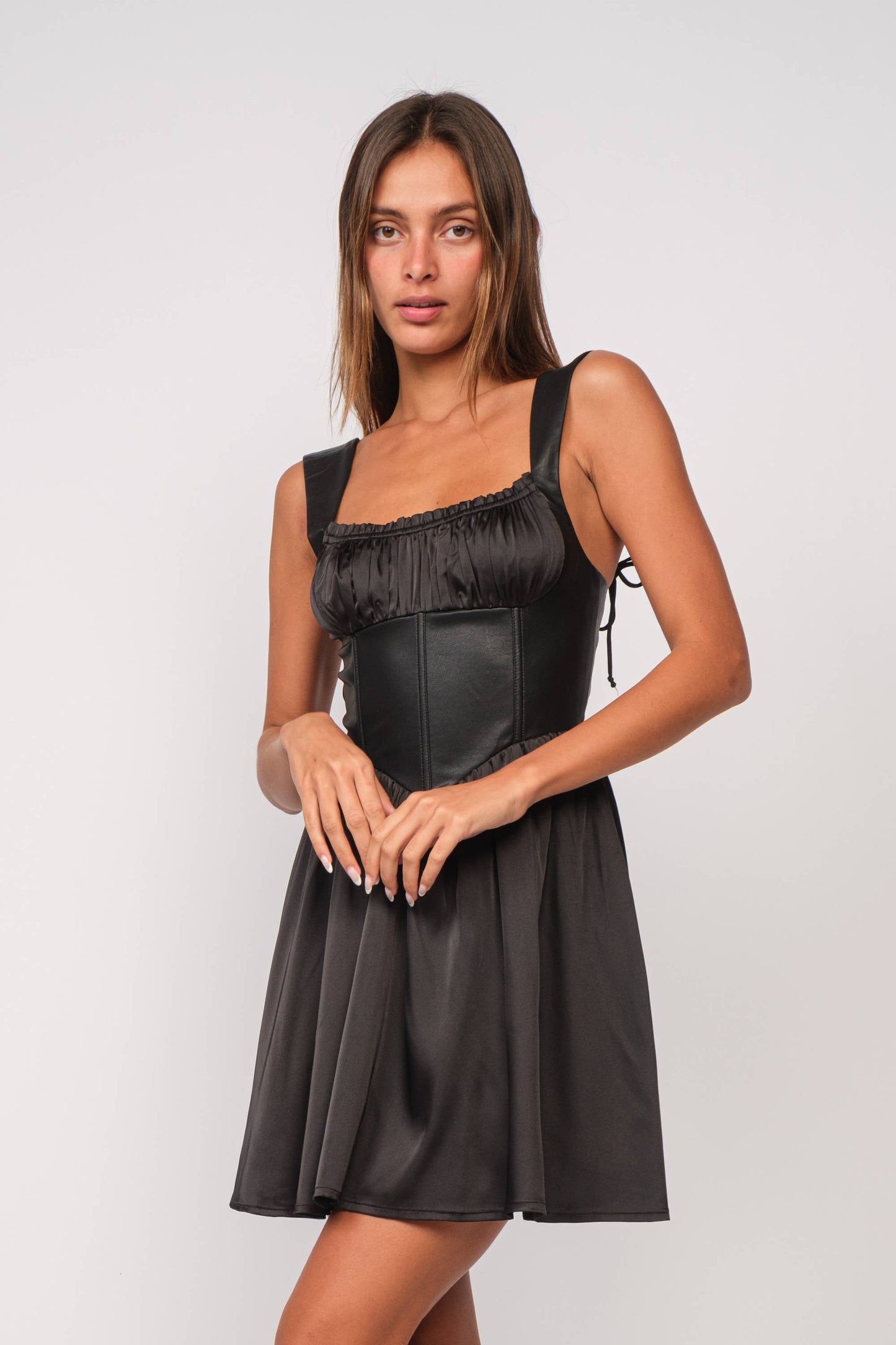 SATIN FAUX LEATHER SLEEVELESS RUCHED MINI DRESS