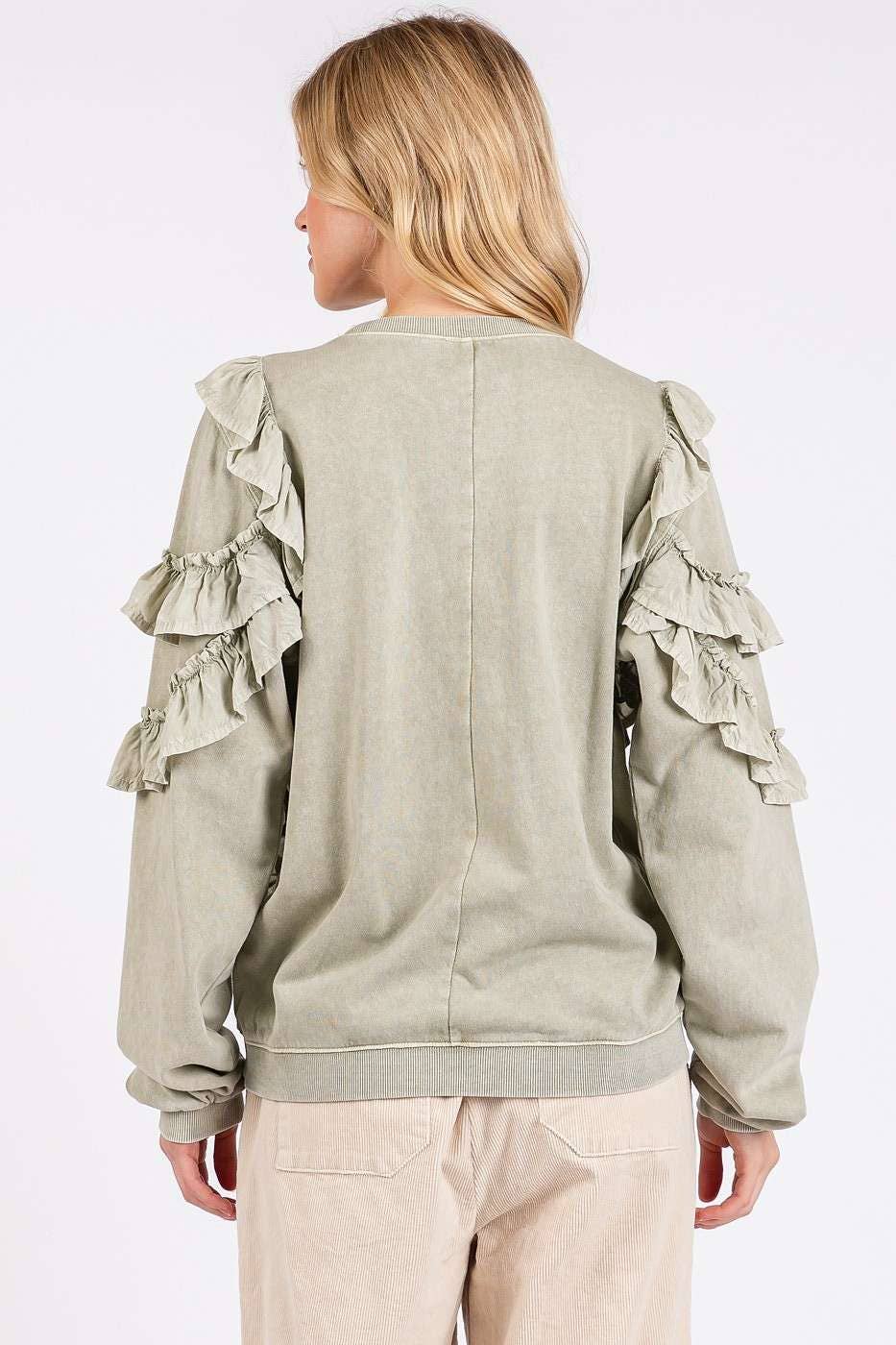 MINERAL WASHED RUFFLED LONG SLEEVE PULLOVER