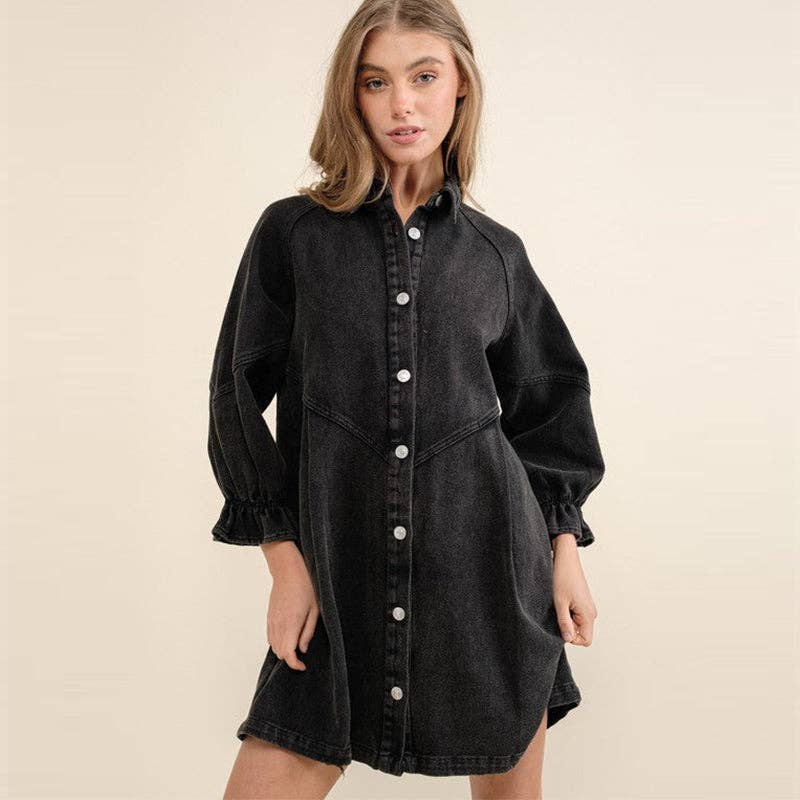 3/4 Sleeve Black Denim Dress