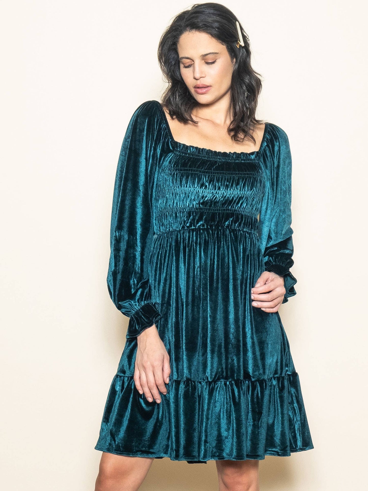 Silky Velvet Smocked Chest Dress with Tiered Skirt & Pockets