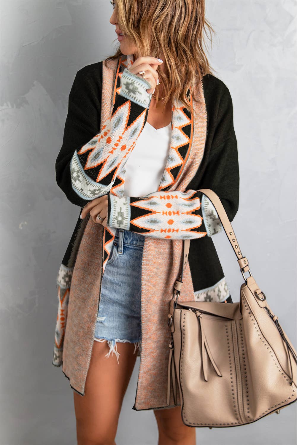 Casual Aztec Print Open Front Knitted Cardigan