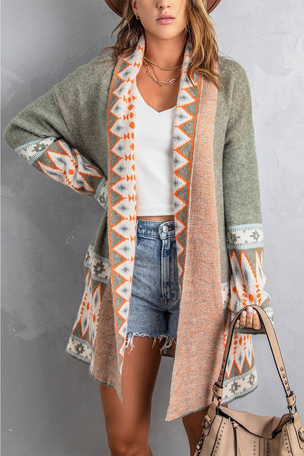 Casual Aztec Print Open Front Knitted Cardigan