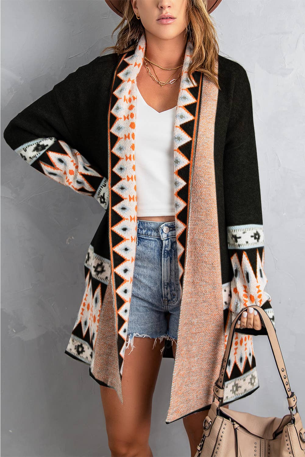 Casual Aztec Print Open Front Knitted Cardigan