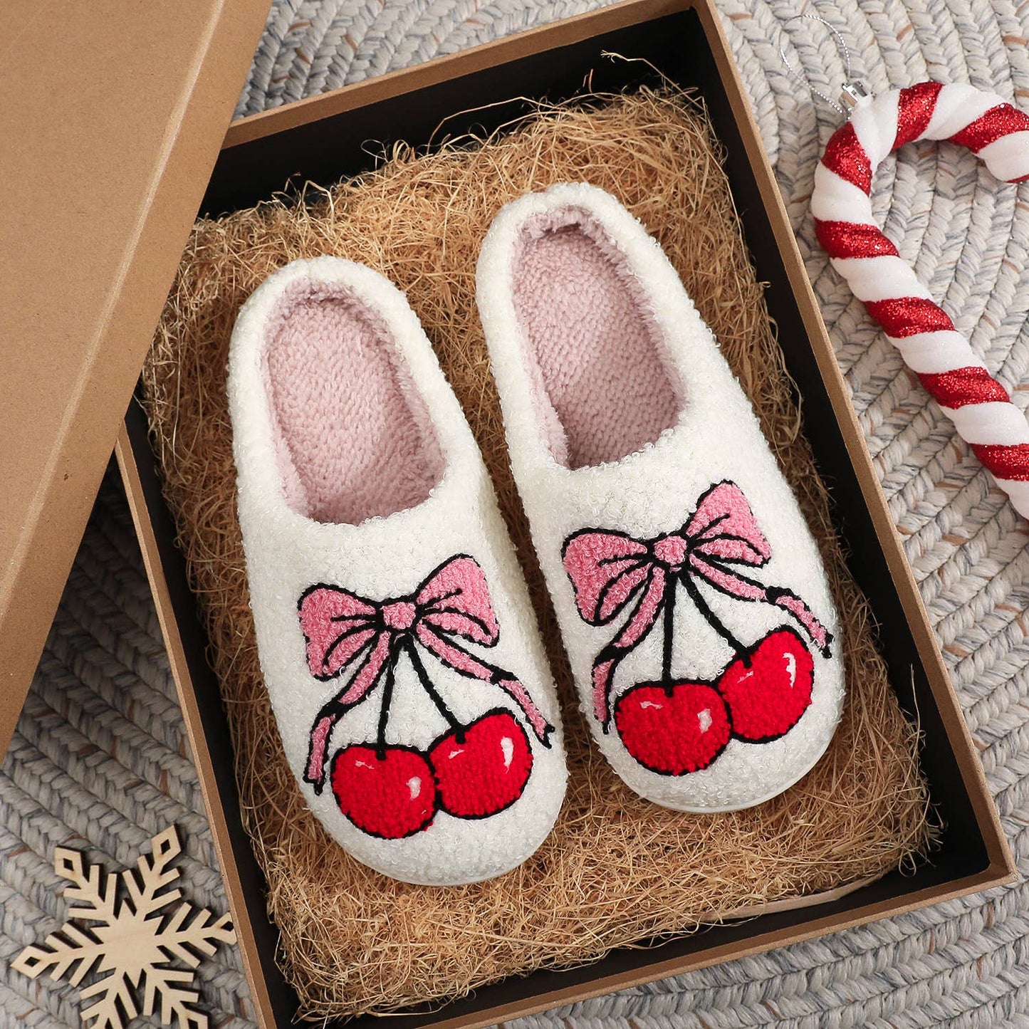 Christmas Bownot Cherry Plush Home Slippers