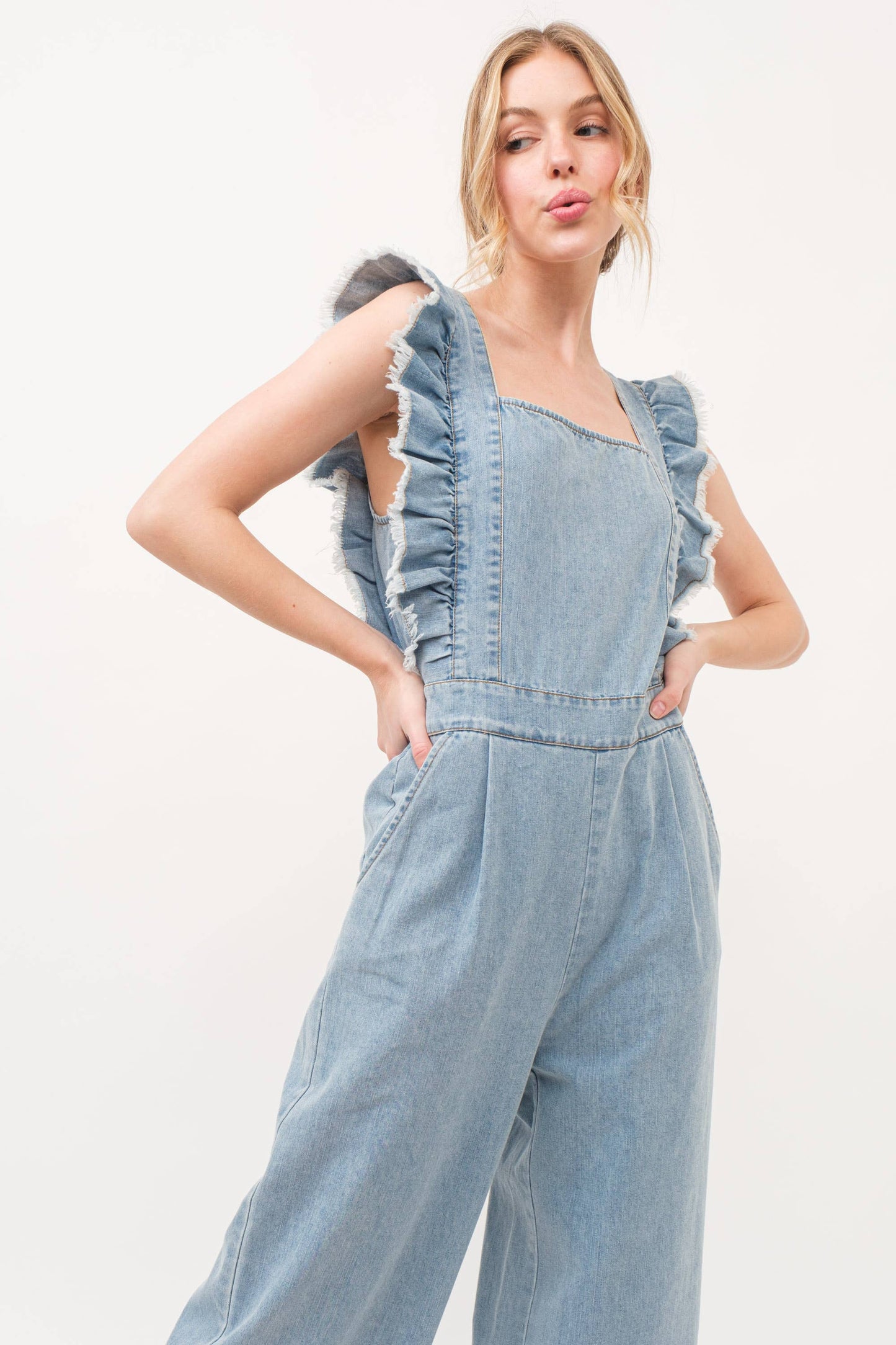 Frayed Ruffled Smocked Back Denim Jumpsuit