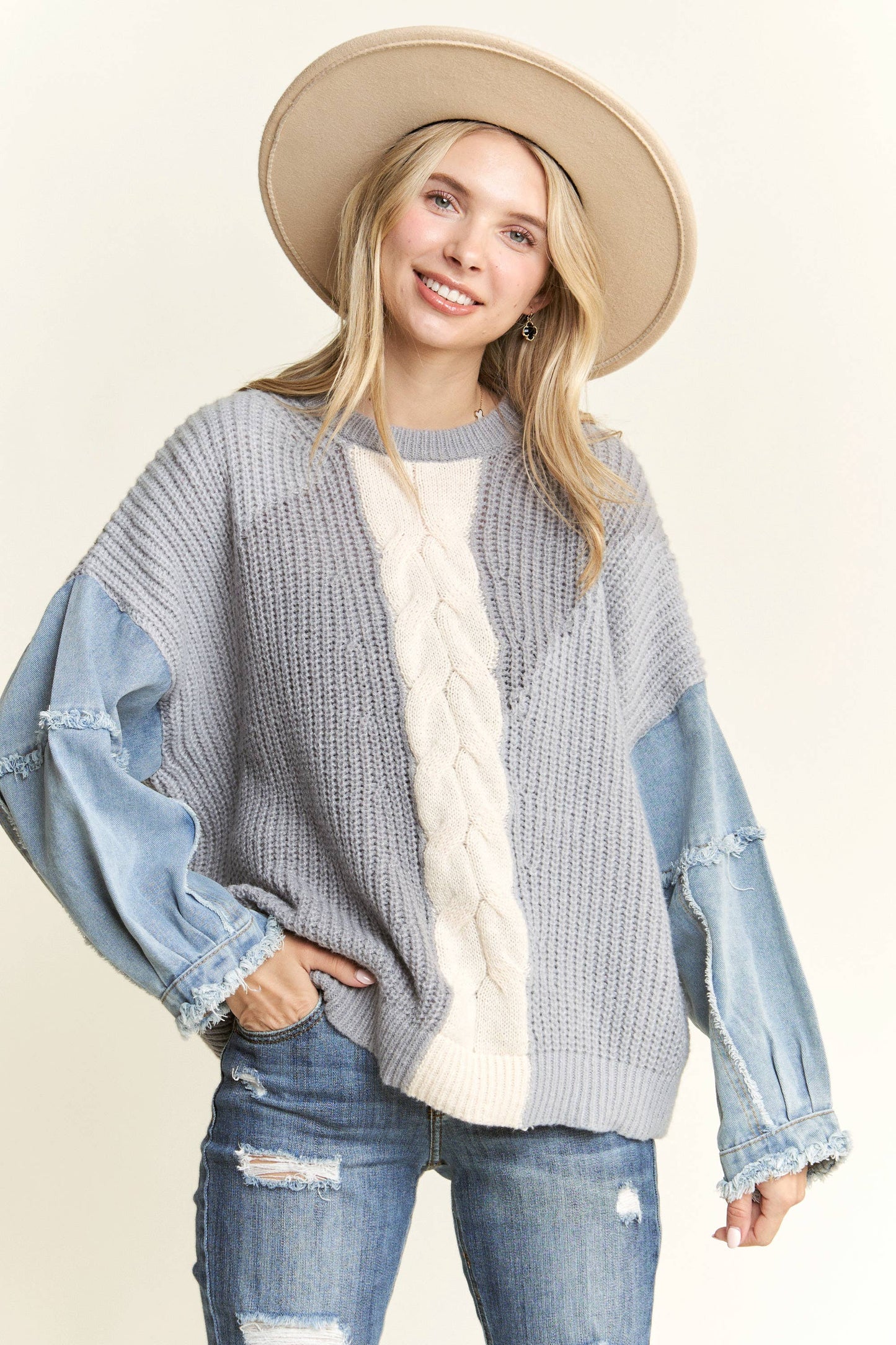 Frayed Denim Colourblock Sweater