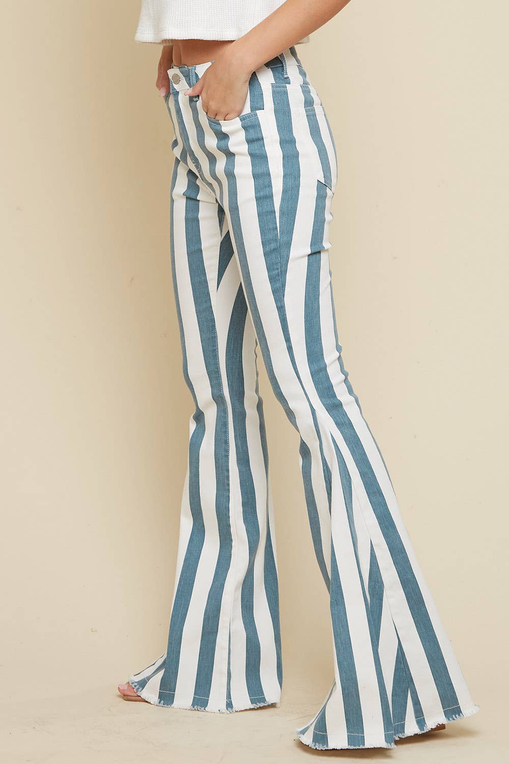 DEEP TEAL STRIPED WASHED DENIM BELL BOTTOMS