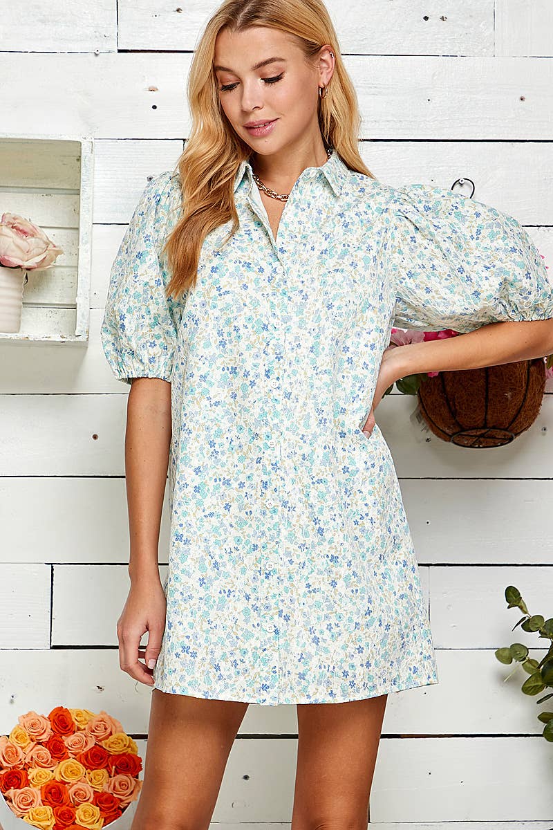 FLORAL TEXTURED BUTTON DOWN DRESS