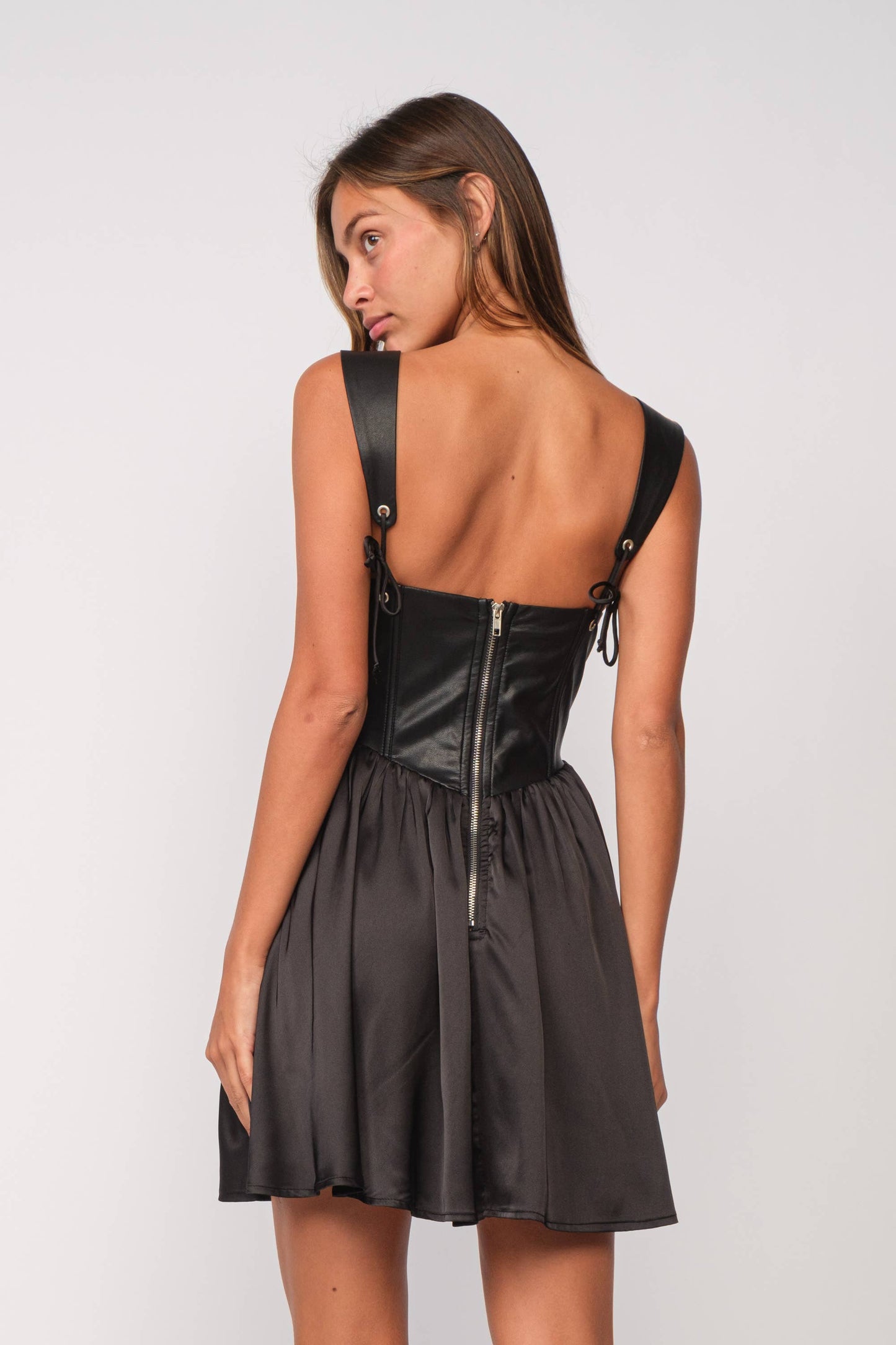 SATIN FAUX LEATHER SLEEVELESS RUCHED MINI DRESS