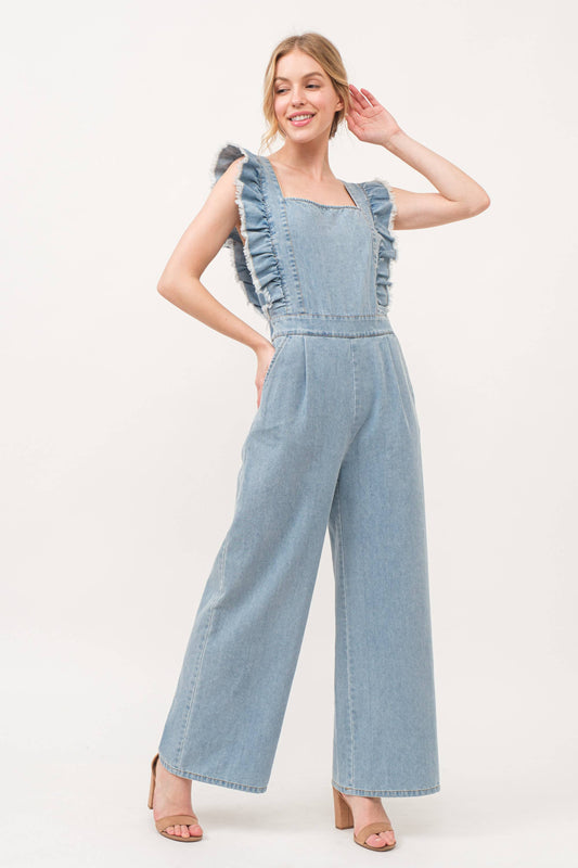 Frayed Ruffled Smocked Back Denim Jumpsuit