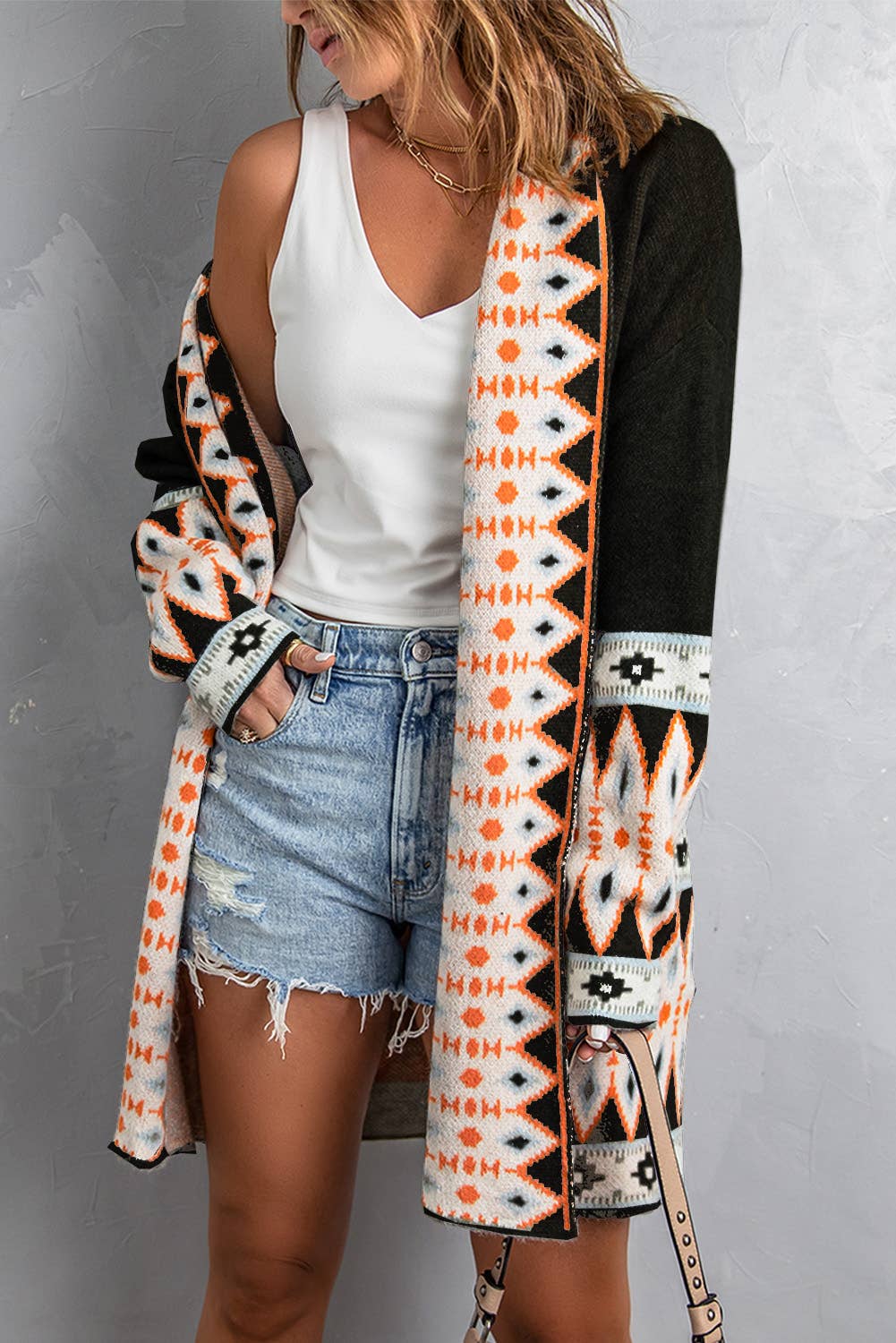 Casual Aztec Print Open Front Knitted Cardigan