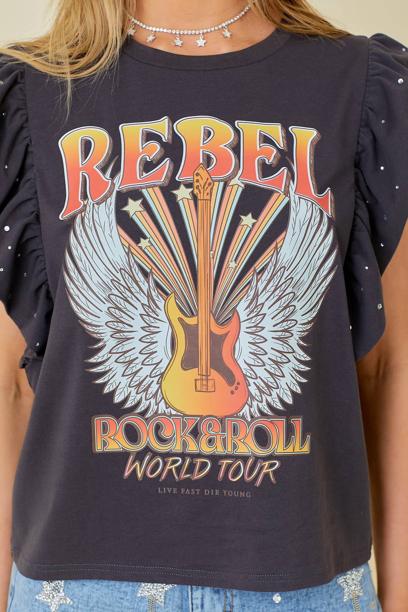 Rock n Roll Print Rhinestone Ruffle Top