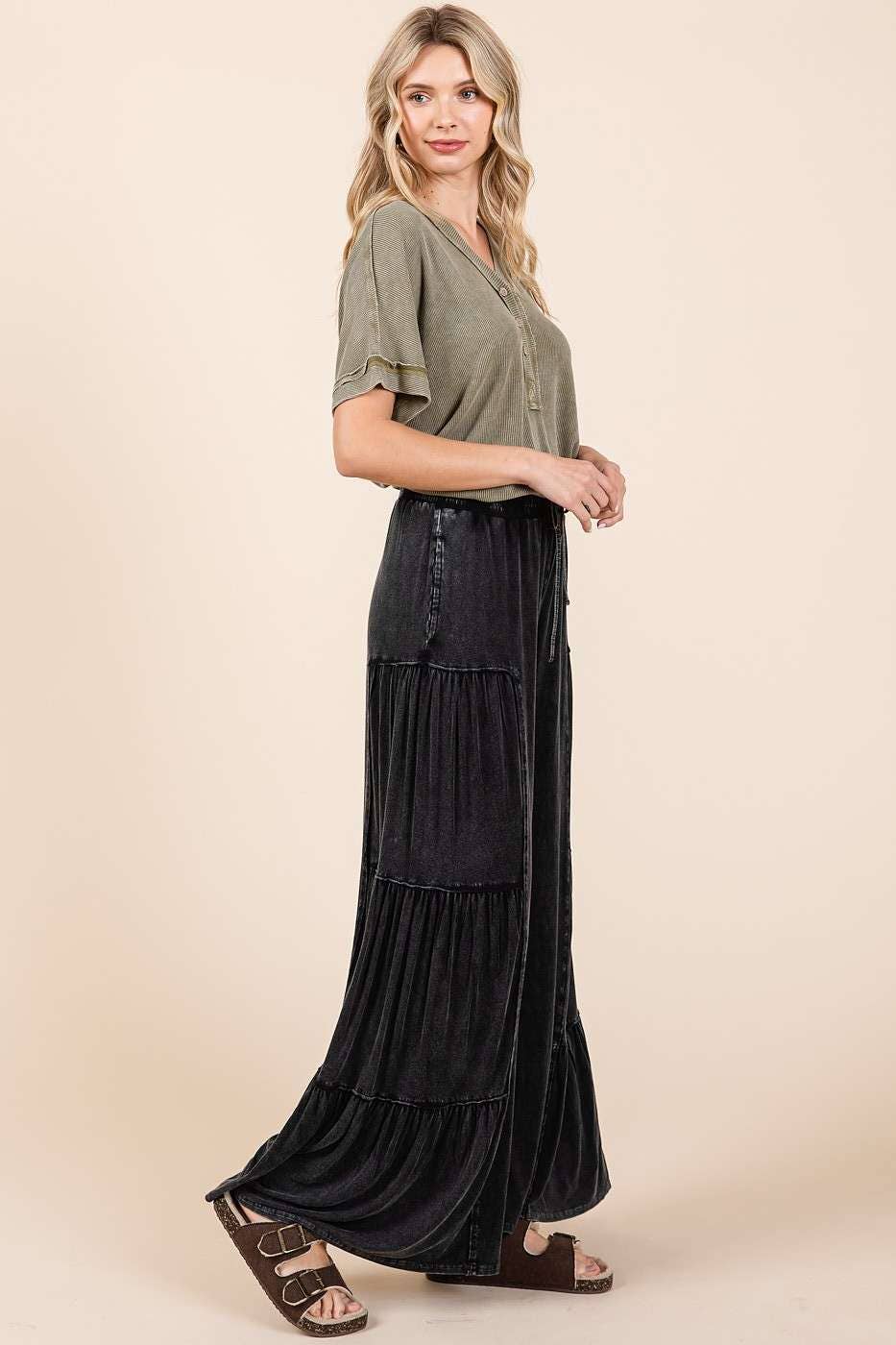 MINERAL WASH TIERED WIDE LEG PANTS