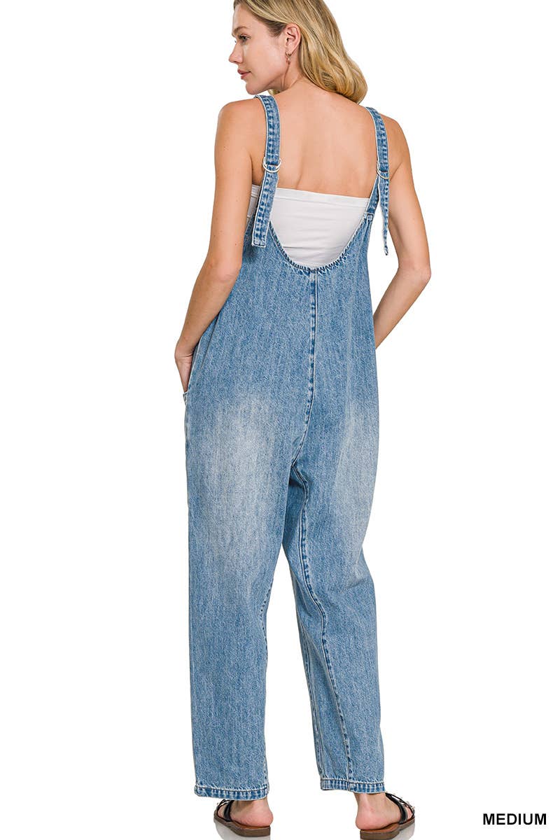 Denim Adjustable Strap Baggy Jumpsuit With Pockets