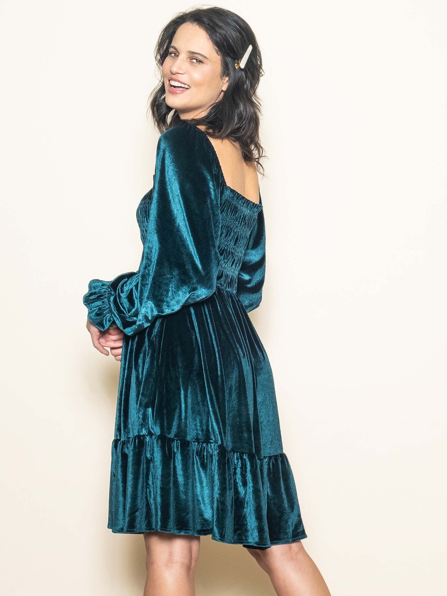 Silky Velvet Smocked Chest Dress with Tiered Skirt & Pockets