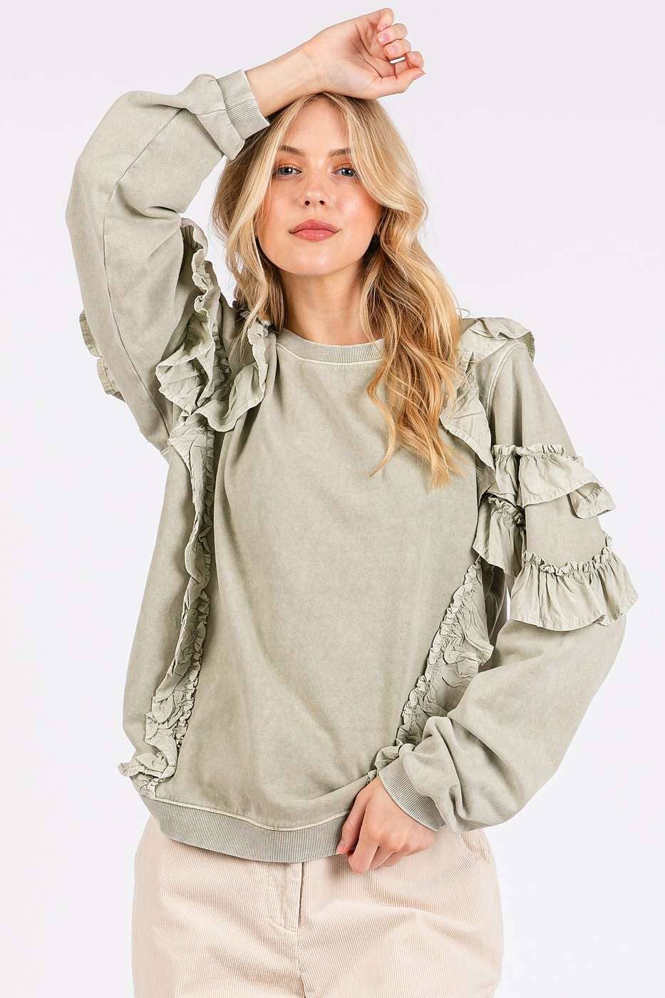 MINERAL WASHED RUFFLED LONG SLEEVE PULLOVER