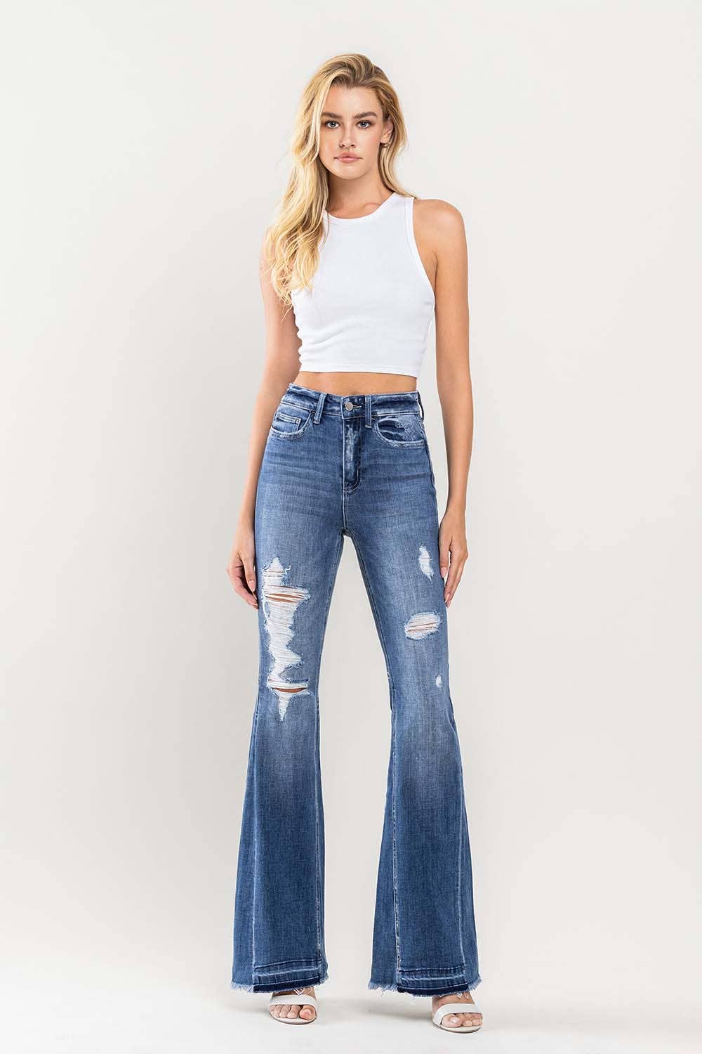 HIGH RISE DISTRESSED PANEL FLARE JEANS