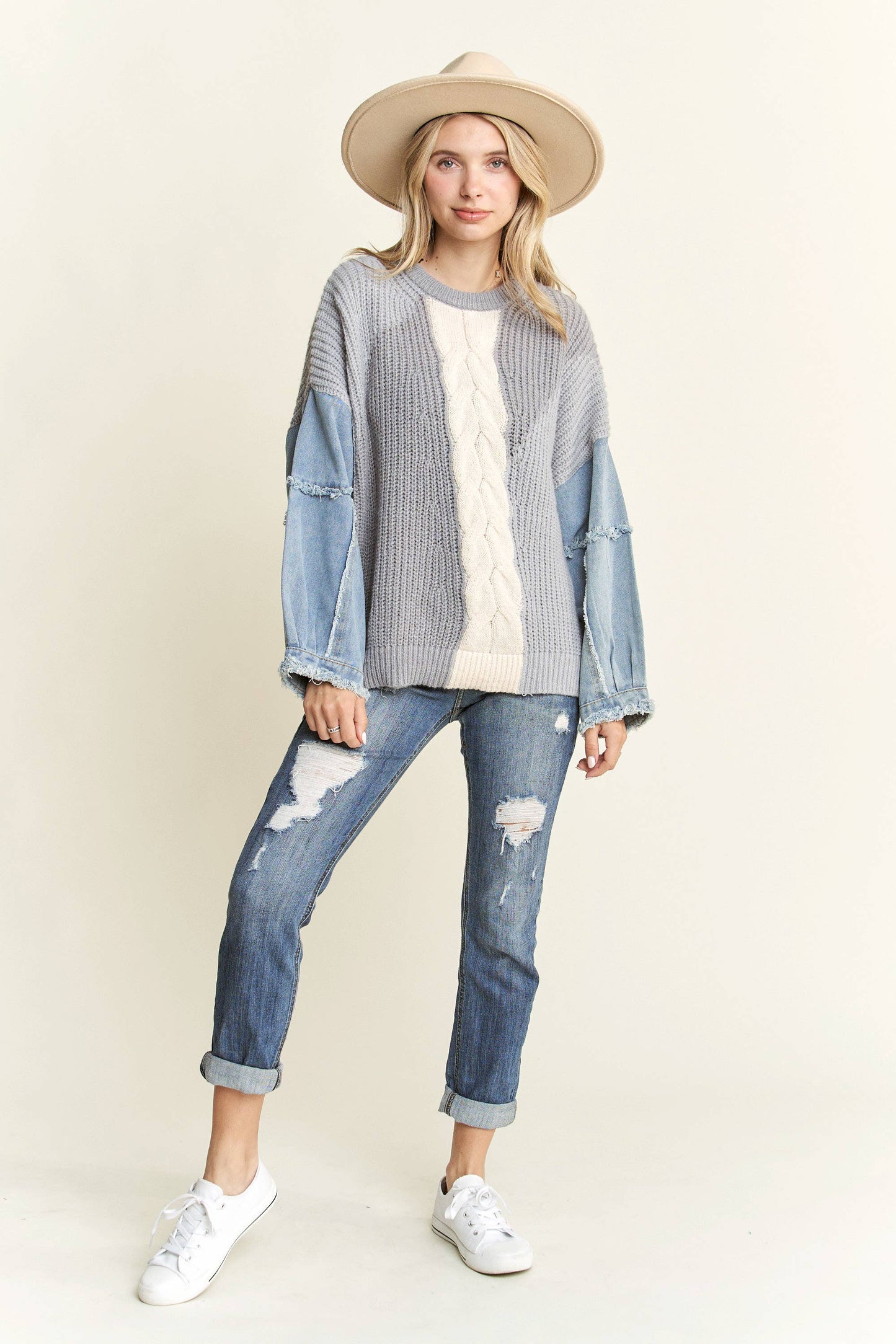 Frayed Denim Colourblock Sweater