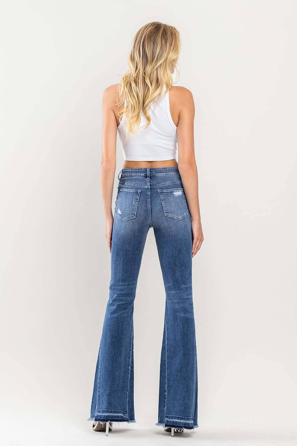 HIGH RISE DISTRESSED PANEL FLARE JEANS