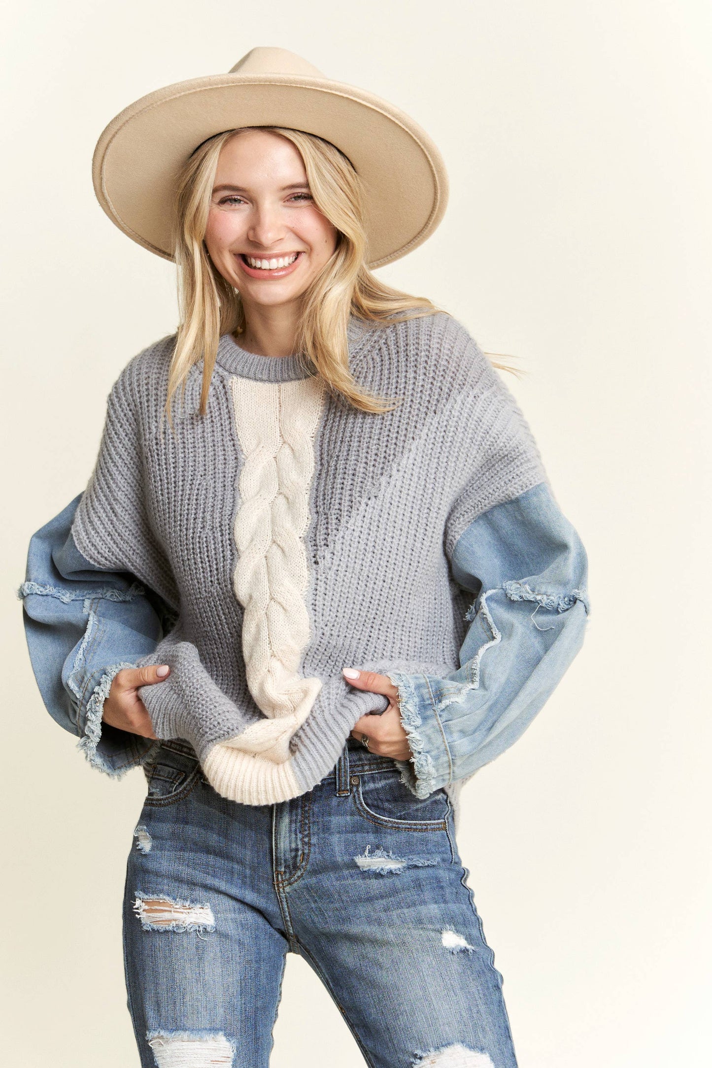 Frayed Denim Colourblock Sweater