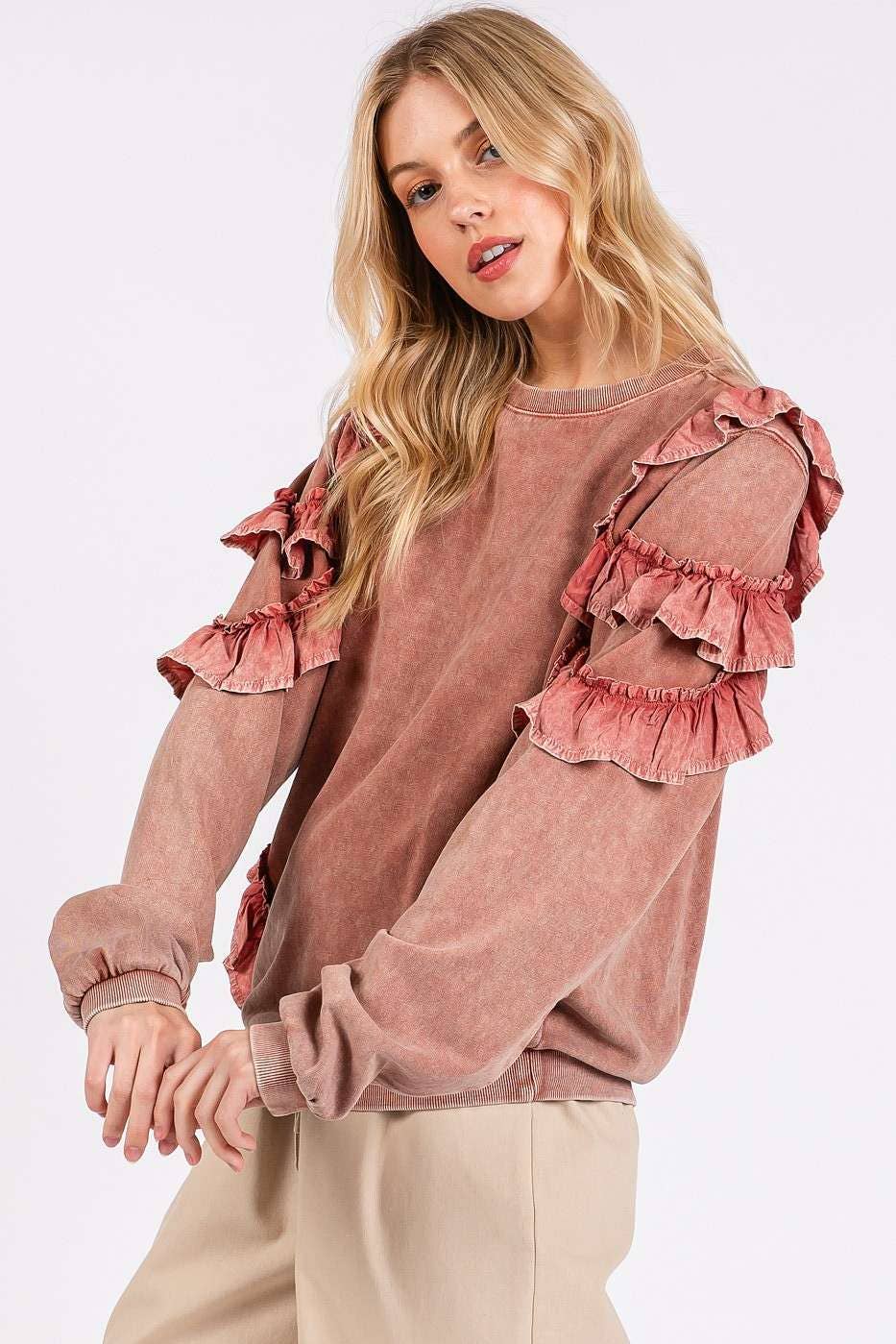 MINERAL WASHED RUFFLED LONG SLEEVE PULLOVER