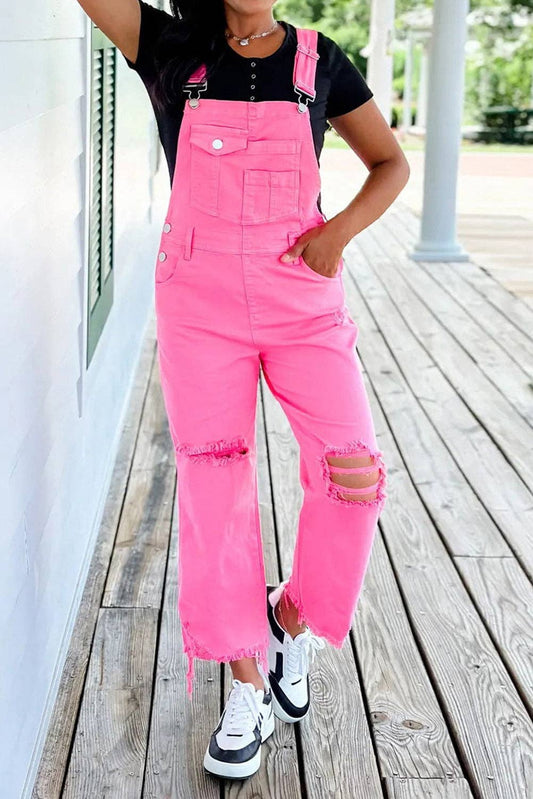 Pirouette Pocketed Wide Leg Distressed Denim Overall **HOT PINK**