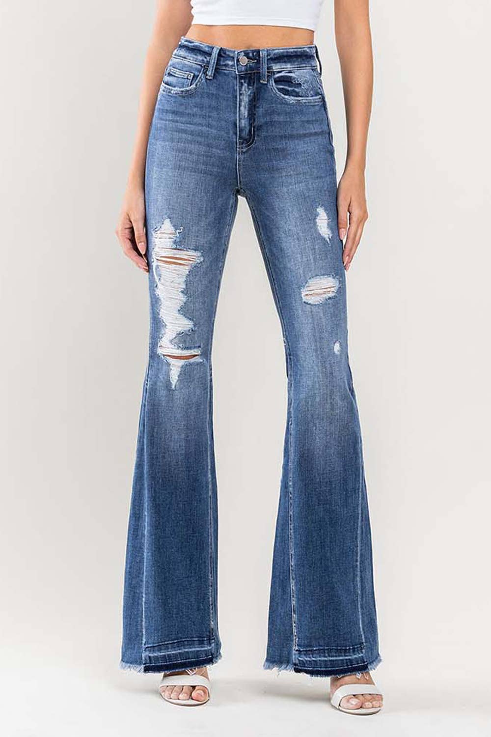 HIGH RISE DISTRESSED PANEL FLARE JEANS